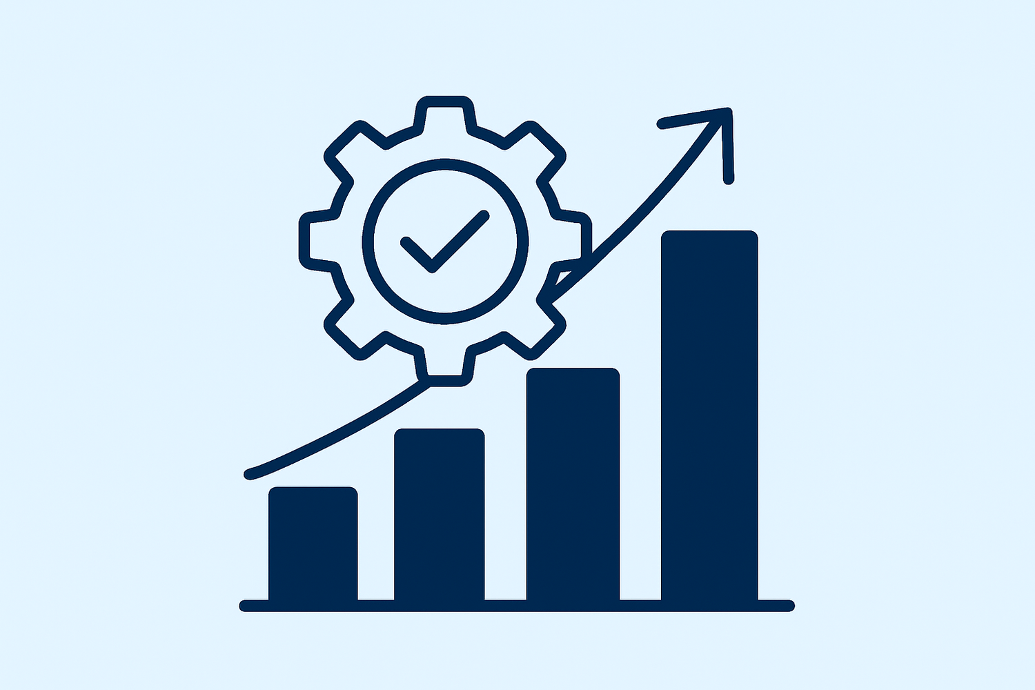 Vizual care exprimă creșterea progresivă a unei afaceri prin implementarea unui sistem automatizat și standardizat. Ilustrație vectorială stil flat cu o roată dințată și o săgeată ascendentă peste bare de creștere, simbolizând automatizarea proceselor și scalarea afacerilor.